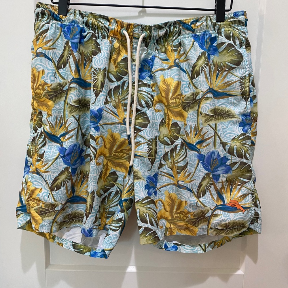 Tommy Bahama Mens Floral Bird of Paradise Swim Trunks Blue Yellow Large